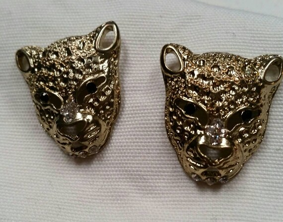 Vintage Panther Post Earrings with Jet Glass Eyes… - image 3