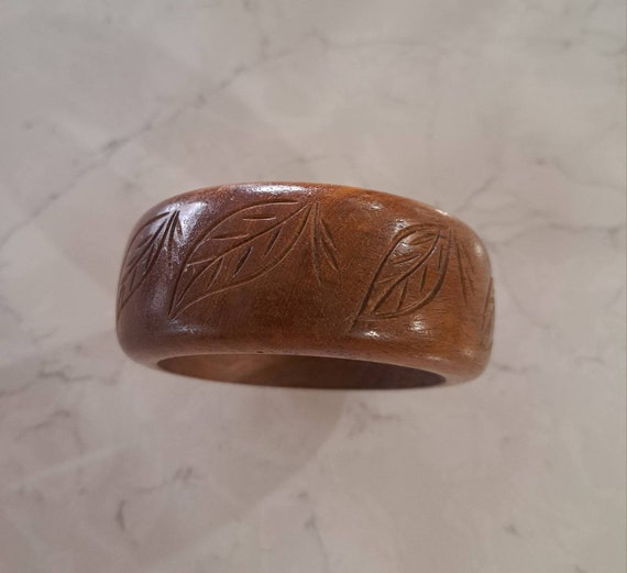 Vintage Boho Hand Carved Chunky Wood Bracelet wit… - image 3