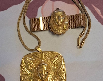 Vintage Miriam Haskell Egyptian Revival Lawrence Vrba Egyptian Pharaoh Necklace and and Bracelet Set