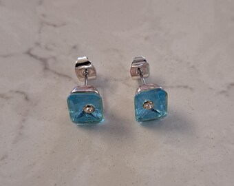 Vintage Monet Aquamarine Glass Rectangular Earrings