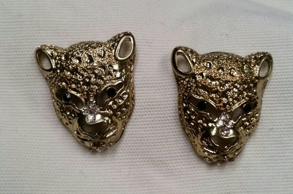 Vintage Panther Post Earrings with Jet Glass Eyes… - image 4