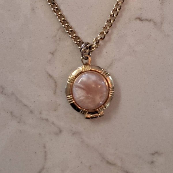 Vintage Child's Locket Pendant Necklace with Lucite Pink Marble Cabochon