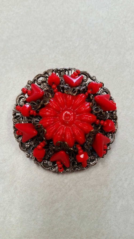 Miriam Haskell Rare 1950's Signed Red Glass Brooch