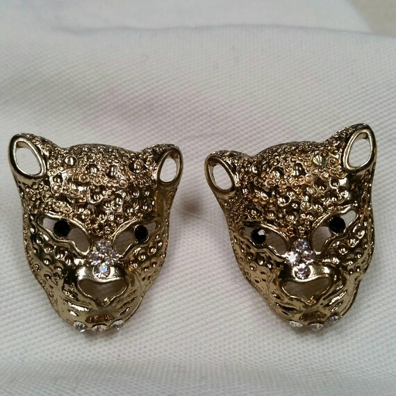 Vintage Panther Post Earrings with Jet Glass Eyes… - image 2