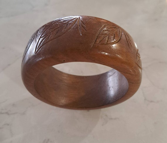 Vintage Boho Hand Carved Chunky Wood Bracelet wit… - image 7