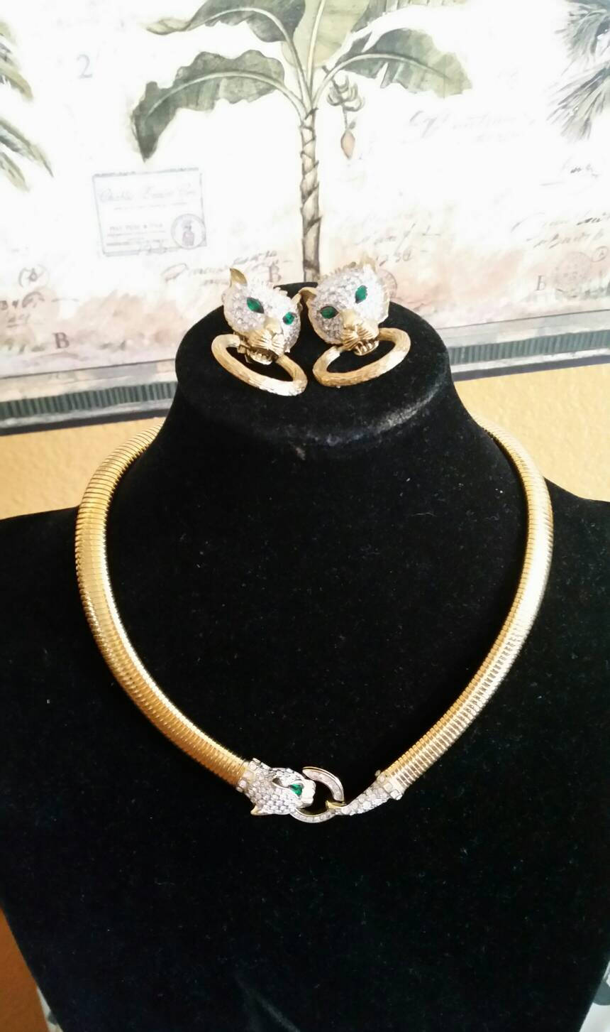 Vintage 1980s Nina Ricci Panther Runway Necklace and Earring