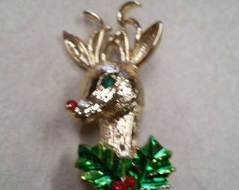Vintage Gerrys Rudolph Reindeer with Enamel Painted Holly and Leaves and Green Rhinestone Eye