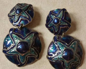 Vintage Beribi Blue and Green Enamel Starfish Clip-On Earrings
