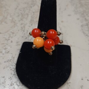Vintage Orange and Red Plastic Bead Dangling Charm Adjustable Ring