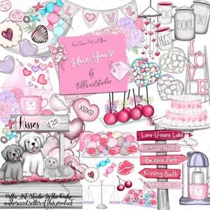 Ik hou van je zo clipart, kussen Booth, Valentines Day clipart, puppy en Kitty liefde, baby illustratie, harten, koekjes, Planner behoeften