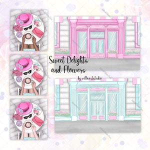 Sweet Delights and Flowers SCENES Summer Clipart Polkadot dress floral fashion dress polkadot skirt summer cafe fashion clipart planner girl