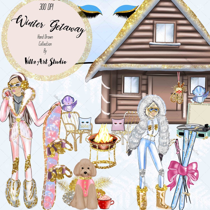 Planner Clipart Ski trip Planner stickers cover,getaway clipart Winter Trip ClipART winter Hand Draw Clipart scrapbooking snow Cabin