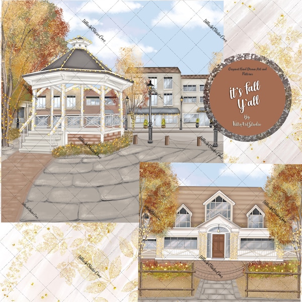 Its Fall Scenes, Cute Fall Art, Small Town Art, Small Town Fall, Cozy Fall Clipart ,FALL ART SCENES, Hand drawn art, cute hand Town Scenes