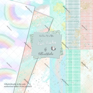 Może przedstawiać: Zestaw cyfrowych wzorów papieru z motywami tęczy, brokatu i kraty. Papiery są w odcieniach różowego, niebieskiego i zielonego. Tekst "Live Lucky" jest napisany ozdobną czcionką na niebieskim tle.