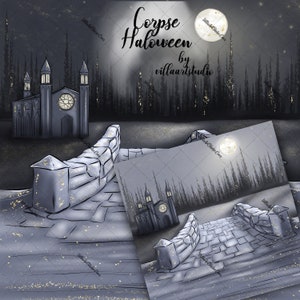 Puede incluir: Una ilustración digital de una escena de Halloween espeluznante con un puente de piedra que conduce a una iglesia gótica en la distancia. El cielo está oscuro con una luna llena y estrellas. El texto "Corpse Halloween by villaartstudio" está escrito en la parte superior central de la imagen.