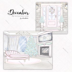 Décembre SCENES Noël dessiné à la main art Rose Noël mignon clipart d’hiver clipart pastel Noël Père Noël bébé douillet cadeaux matinaux