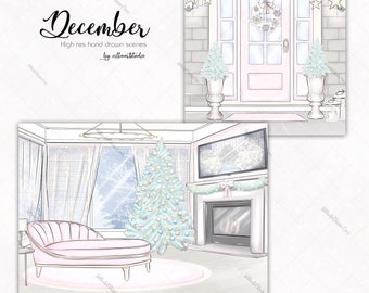 Decemberscener handritad julkonst rosa jul söt clipart vinter clipart pastell jul tomte bebis vinter mysig morgon gåvor