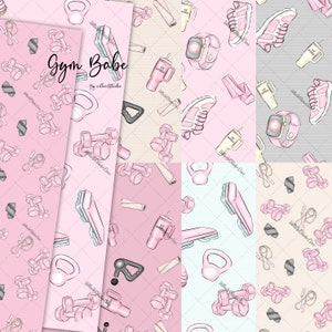 Op de afbeelding: Een set van 8 digitale papieren ontwerpen met roze en witte illustraties van fitnessapparatuur, waaronder dumbbells, kettlebells, springtouwen, waterflessen en een step platform. De tekst "Gym Babe" is te zien op een van de ontwerpen.
