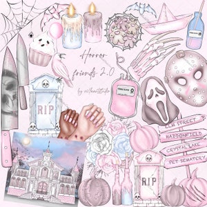 Horror Friends clipart and spooky Scene haunted pink Halloween Scary Costume Nightmare halloween clipart planner art Spooky scary pastel art