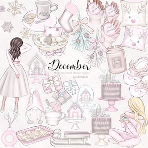 Décembre Clipart Noël dessiné à la main art Rose Noël mignon clipart d’hiver clipart pastel Noël bébé hiver confortable cadeaux du matin
