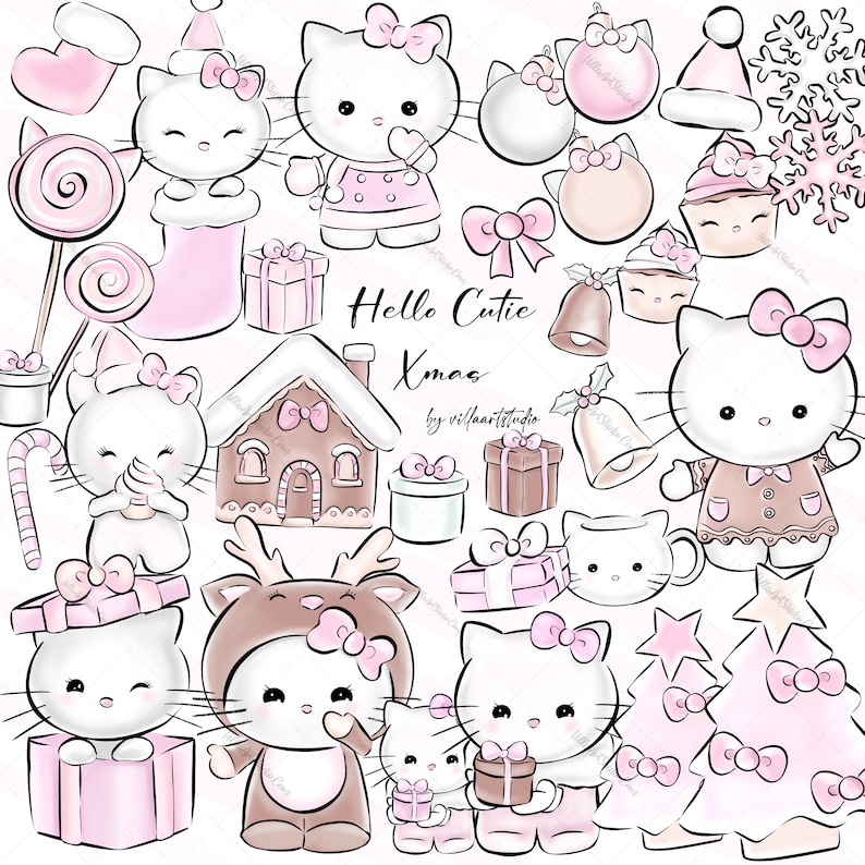Puede incluir: Un conjunto de 15 ilustraciones digitales que presentan un lindo gato de dibujos animados con varios atuendos y accesorios navide&ntilde;os. Las ilustraciones incluyen una casa de jengibre, un &aacute;rbol de Navidad, una media, un bast&oacute;n de caramelo, una campana y una caja de regalo. Las ilustraciones est&aacute;n en un esquema de color rosa y marr&oacute;n y son perfectas para usar en scrapbooking digital, creaci&oacute;n de tarjetas y otros proyectos de manualidades.