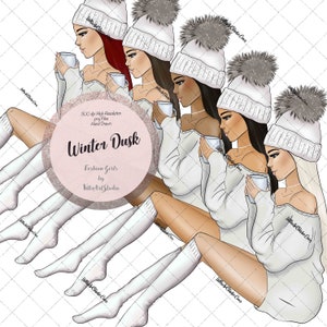 Winter Dusk, Winter Wonderland Fashion girls, Illustration , mountain village, Cozy winter, Fashion Girls, planner needs, planner stickers