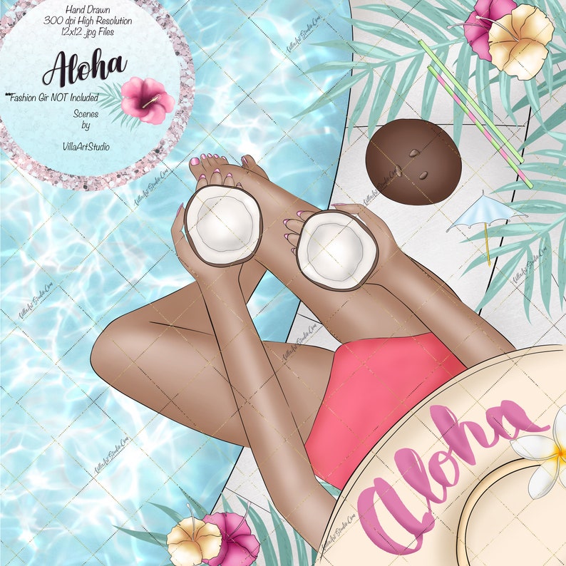 Beach art Surfer Girl Clipart planner needs tropical Island planner goodies Aloha Hand Drawn Scenes Summer Vacation coconut clipart