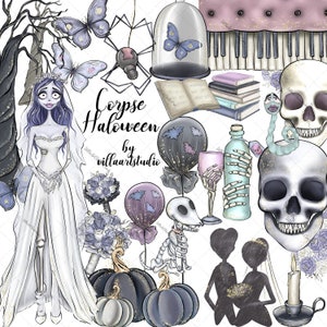 Totenkopf Halloween zusätzliche Charaktere Clipart Halloween Hochzeit Geisterparty Clipart Planer Aufkleber Niedliche Halloween Leichenbraut Bräutigam Liebe