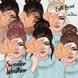 Fall Loving fashion girls Sweater Weather messy bun clipart Planner Stickers fashion girl FALL clipart Autumn clipart commercial licence art