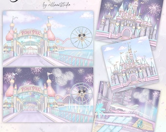 Dreamland Scenes magic castle themed park scenes amusement park hand drawn clipart Pastel Clipart planner girl planner goodies planner needs