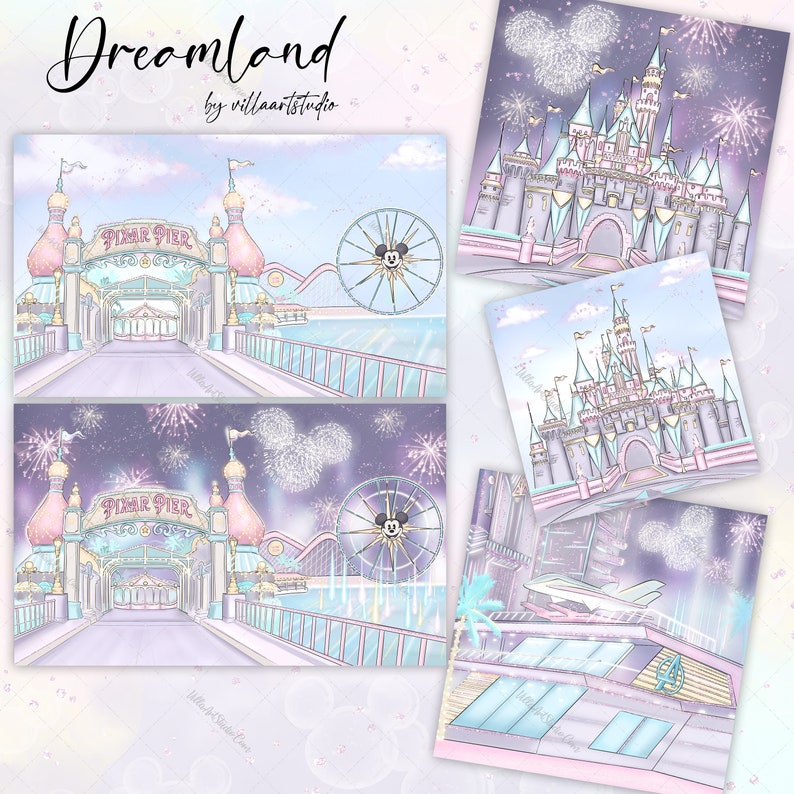 May include: Four digital illustrations of a whimsical, cartoon-style amusement park. The top left image shows a pink and white building with the words "Pixar Pier" above the entrance. The top right image shows a pink and blue castle with a golden dome. The bottom left image shows the same Pixar Pier building as the top left image. The bottom right image shows a futuristic, silver spaceship with a blue and pink background.