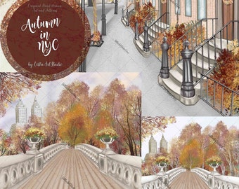 Autumn in NYC Clipart, Fall Clipart, Autumn in Central Park, NYC Park Scene, pumpkin patch clipart, Fall in the park, Hand drawn Fall SCENES