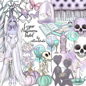 Puede incluir: Conjunto de clipart de Halloween en colores pastel que incluye una novia, un esqueleto, calabazas, mariposas, una calavera, una botella, un gusano, un piano, un libro, una vela y un corazón. El texto "Corpse Halloween Pastel by villaartstudio" está incluido.