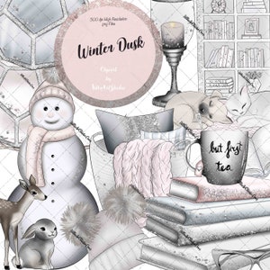 Winter Dusk, Winter Wonderland Clipart Collection, mountain village, Cozy winter clipart, snowman clipart, planner needs, planner stickers