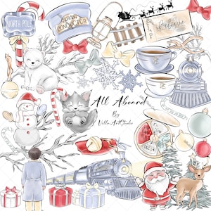 Tous à bord des cliparts Noël dessinés à la main art Joyeux Noël clipart hiver mignon Noël pastel Père Noël polaire train des neiges cadeau du pôle Nord