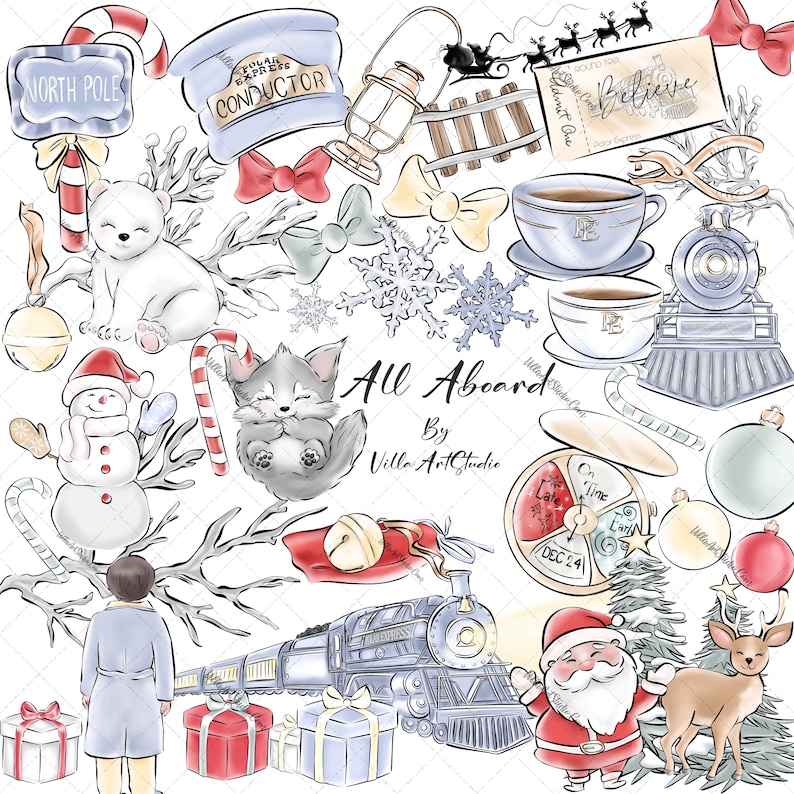 May include: A set of digital illustrations featuring a Christmas train, a snowman, a polar bear, a cat, a reindeer, Santa Claus, presents, a conductor's hat, a lantern, a train ticket, a cup of coffee, a candy cane, a bell, a snowflake, and a clock. The illustrations are in a watercolor style and are perfect for creating holiday cards, invitations, or other festive projects.