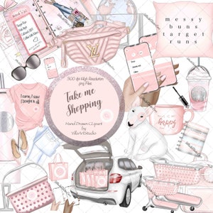 Llévame de compras, imágenes prediseñadas dibujadas a mano, mi lugar feliz, imágenes prediseñadas de compras, imágenes prediseñadas de la chica del café, chica planificadora, imágenes prediseñadas en colores pastel, necesidades del planificador