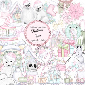 Weihnachten Stadt Clipart, Weihnachten handgezeichnete Kunst, rosa Weihnachten, süße Clipart, Santa Pinguin, Santa Bär, Santa Fuchs, Sticker