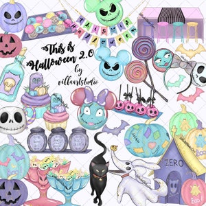 Puede incluir: Un conjunto de clipart digital con personajes y objetos de Halloween en un estilo caprichoso. Los personajes incluyen a Mickey Mouse, Minnie Mouse y Jack Skellington. Los objetos incluyen calabazas, dulces y una casa encantada. El clipart es perfecto para crear manualidades, tarjetas y decoraciones de Halloween.