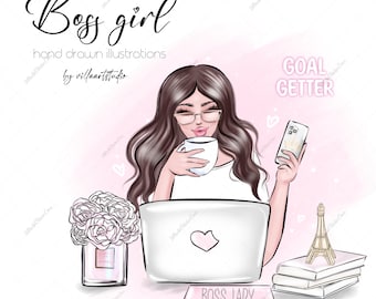 May include: A digital illustration of a woman with brown hair and glasses sitting at a desk with a laptop, a cup of coffee, and a phone. The text "Boss girl" is at the top of the image, and the text "Goal Getter" is on the right side of the image. The text "Boss Lady" is on a small sign in front of the laptop.
