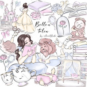 Racconti di Belle, fiaba carina Clipart, lettore di fiabe disegnato a mano, principessa carina, amante dei libri, clipart, castello magico, clipart rosa