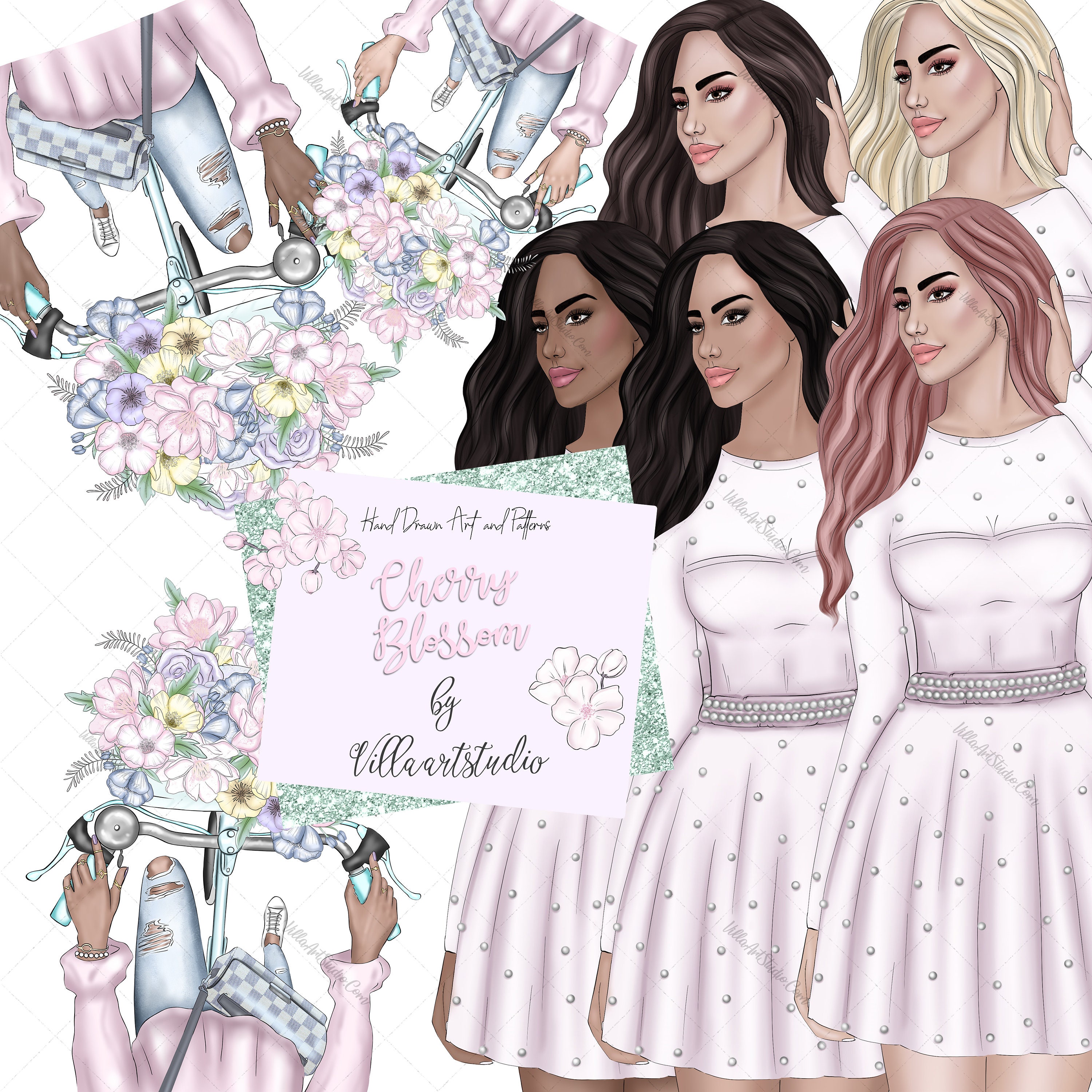Cherry Blossom Girl, Spring Illustration, Spring Clipart, Summer Clipart, Bike basket clipart, floral clipart, fashion illustration, spring