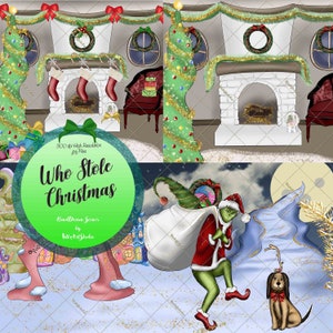 Who Stole Christmas Scenes, Hand Drawn Scenes, Christmas Art, Who, Christmas Tree, Planner Stickers, Wall Art, Wallpaper, Planner goodies
