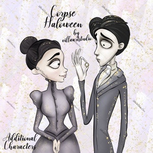 Puede incluir: Una ilustración digital de una pareja de la película La novia cadáver. La mujer lleva un vestido negro y gris y el hombre lleva un traje gris. El hombre sostiene un anillo de oro en su mano. El texto "Corpse Halloween by villaartstudio" está en el fondo.