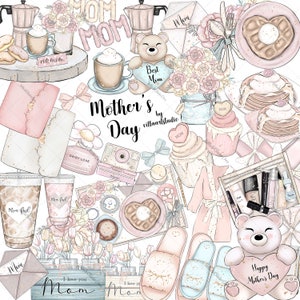 Mothers Day Clipart, Flowers Clipart, Festive Clipart, Mom and Kids, pastel ClipArt, Mother Child, Planner Supplies, mom daughter, prints