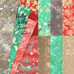 May include: Digital paper pack with 10 different patterns featuring a Christmas theme. The patterns include red, green, gold, and white colors with snowflakes, stars, and glitter. The text "Holly Jolly Time" is featured on one of the patterns.