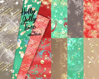 HOLLY JOLLY time paper pack  wintery paper, patterns designer paper pack Christmas papers, snowy day papers glitter surface patterns glitter