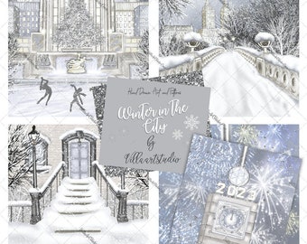 Winter In The City, Winter in NYC SCENES, Central Park SCENE, Hand drawn, Snow clipart, Winter in the park, Cold Outside hand drawn art