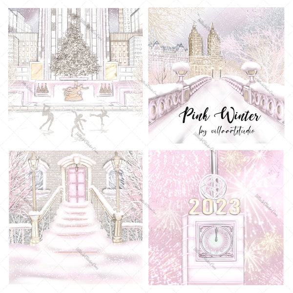 Pink Winter In The City Winter in NYC SCENES Central Park SCENE Hand drawn Snow clipart Winter in the park Cold Outside nye clip art in nyc