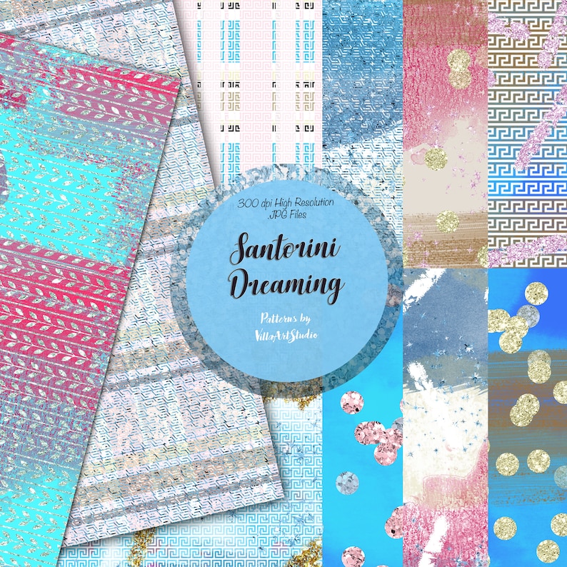 Santorini Dreaming Paper pack, glitter papers pack, Summer Vacat Santorini Dreaming Paper pack, glitter papers pack, Summer Vacat